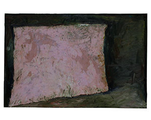 Toile rose oblique dans un lieu, 2019. Huile et tissu sur toile, 97x146cm.