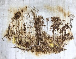 Amazonia, 2020. Pyrogravure et décapeur thermique sur soie sauvage, broderie, 55 x 42 cm.