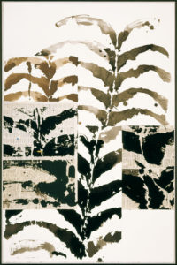 "L’Herbier du Seul III.4", 2005.
Encre de Chine, acrylique et papier journal sur vélin d’Arches, marouflé sur carton, 120 x 80 cm.