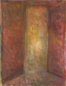 "2021/14 – Lieu ouvert aux murs pourpres", 2021. Huile et fusain sur toile, 116 x 89 cm.