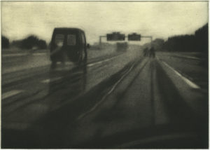 "Autoroute VI", 2008. Manière noire sur chine collé, 15 x 21 cm