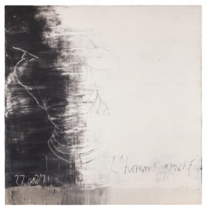 L'homme penché du 27 Août 21, acrylique et poudre de marbre, 200 x 200 cm, 2021
