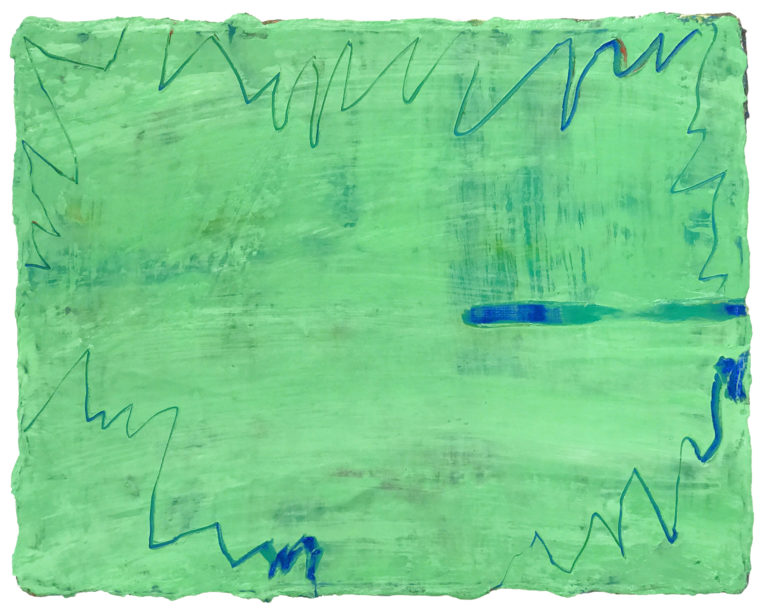 Vert clair étang et route bleue, huile sur toile,19 x 24 cm, 2021