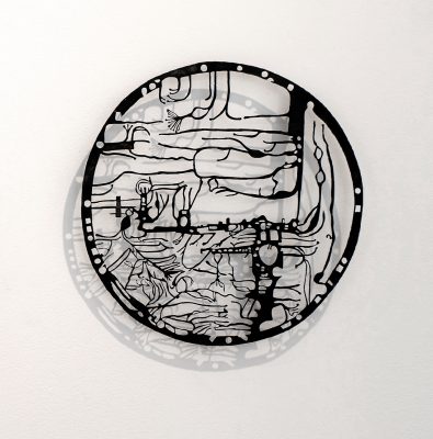 Mappemonde d’Ebstorf, 2018. Laiton de 0,5 mm patiné et verni, 19 x 19 x 2 cm.