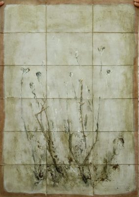 Les hautes herbes, 2023, Tempera et collage de végétaux sur carte ancienne entoilée