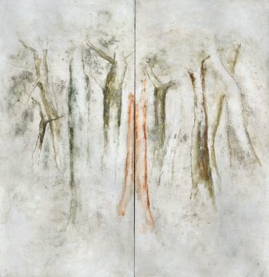 Les forêts, 2023. Tempera sur papier marouflé sur toile, 130 x 136 cm.