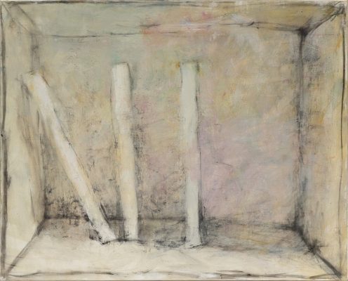 « 3 Bâtons dans un Lieu », 2020. Huile sur toile, 81 x 100 cm.
