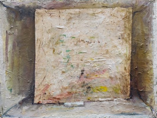 Marc RONET, " Toile carrée blanche dans un lieu ", 2019/3. Huile et tissu sur toile. 89 cm x 116 cm.