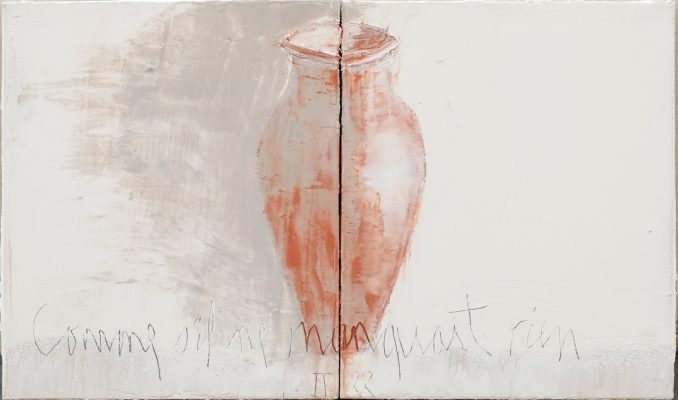 "Comme s’il ne manquait rien du 1.II.22 (diptyque)", 2022. Acrylique, poudre de marbre et pigments, 46 x 77 cm.