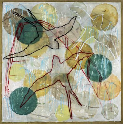 Monique TELLO. "Carré-oiseau", acrylique sur toile, fusain, 129 x 129 cm, 2021.