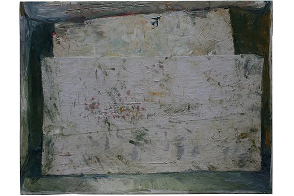 « Double toile blanche dans un lieu », 2019. Huile et tissu sur toile, 89 x 116 cm.