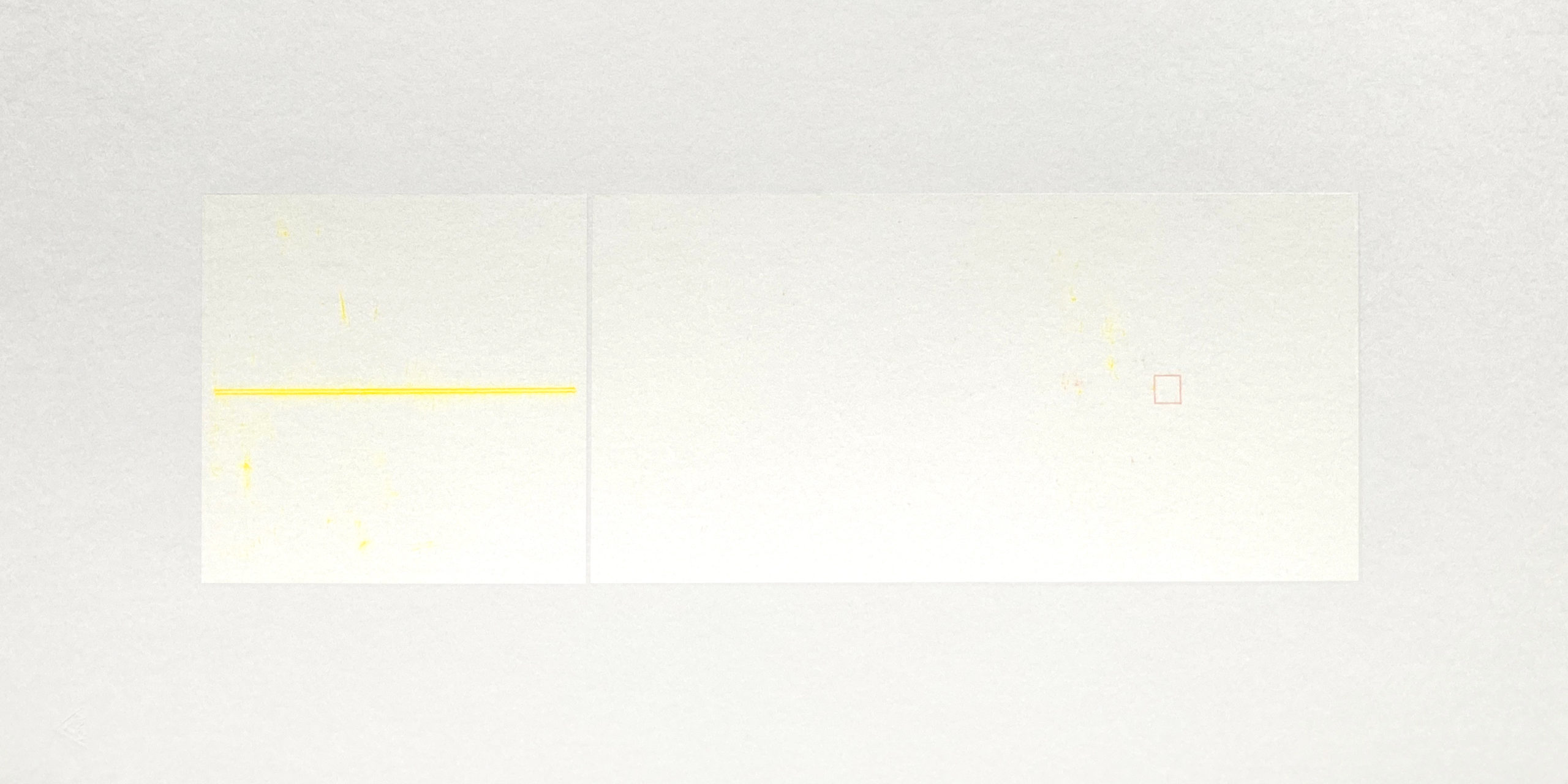 Laurent SELMÈS, Trois carrés, un discontinu et deux continus, une ligne jaune doublée et un carré rose 05.10.2023, crayon de couleur, 25x50cm.