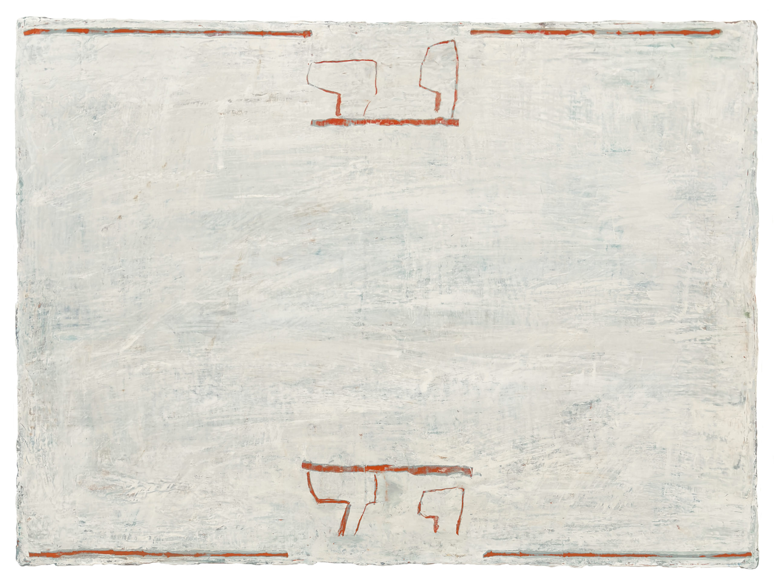 Blanc de titane 4 chênes rouge vermillon, 2023. Huile sur toile, 54 x 73 cm.