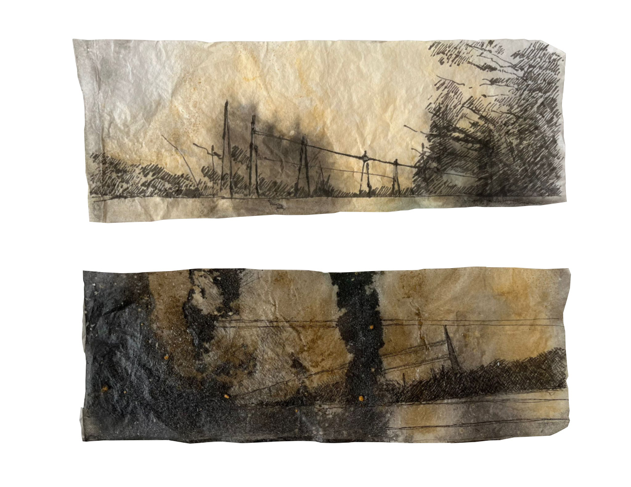 Feuilles de route, 2024, Lavis d’encre et poussière d’ocre du Luberon sur papier de soie
